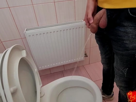 Uncircumcised cock pees on the station toilet