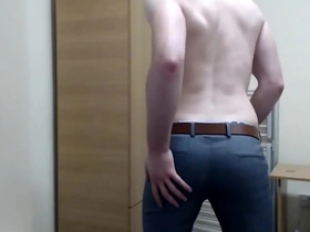 Suit trousers/pants strip and dress shoe play