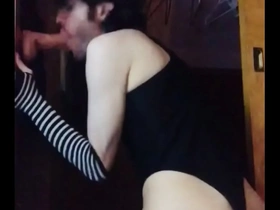 Femboy in leotard cums during blowjob